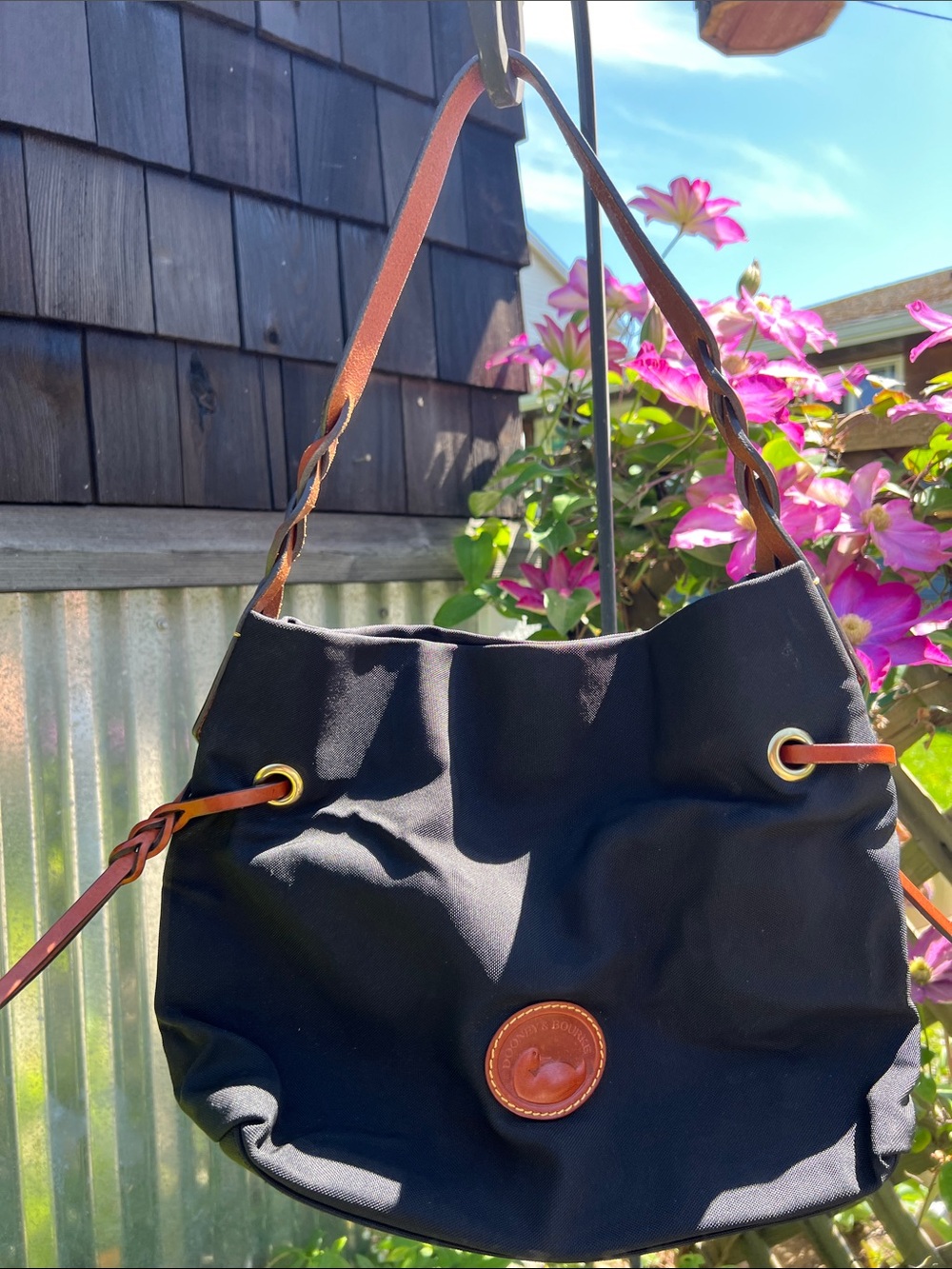 Dooney & Bourke Black Nylon Shoulder Bag with Brown Leather Trim